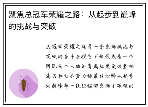 聚焦总冠军荣耀之路：从起步到巅峰的挑战与突破