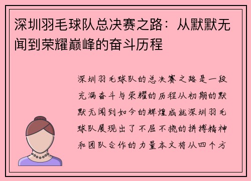 深圳羽毛球队总决赛之路：从默默无闻到荣耀巅峰的奋斗历程
